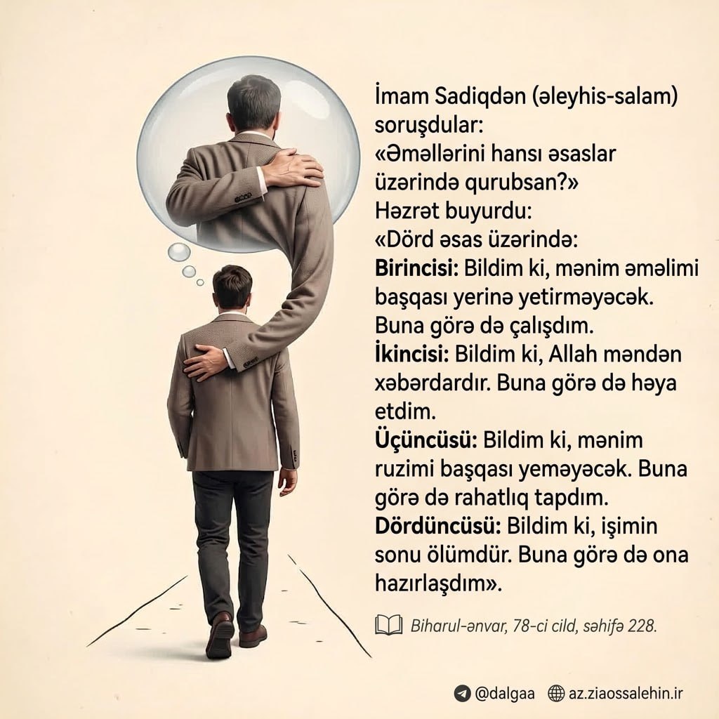 İmam Sadiqin (ə) hədisi - Əməllərini hansı dörd əsas üzərində qurubsan - əməl, həya, ruzi və ölüm haqqında dini yazılı şəkil